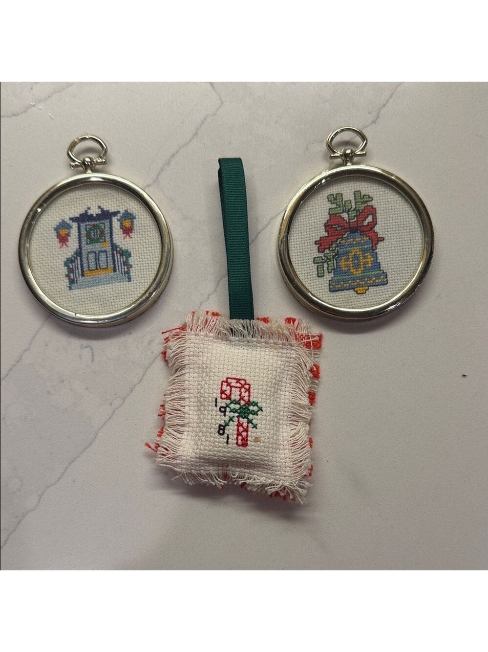 Vintage Festive Cross-Stitch Holiday Ornaments Set of 3 Candy Cane, Bell, Door